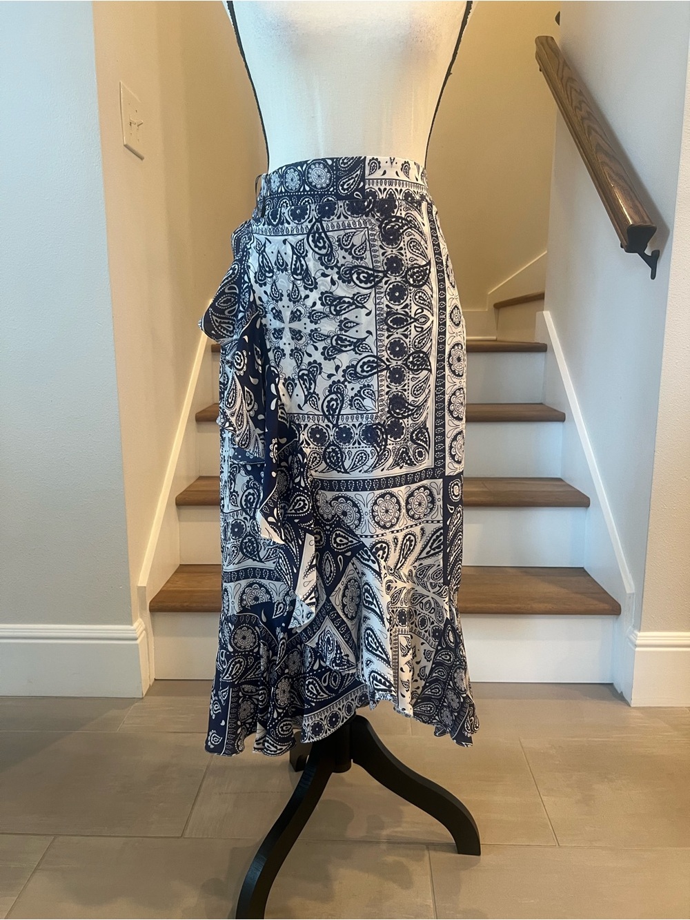 Magrella Navy and White Paisley Silk Midi Skirt
